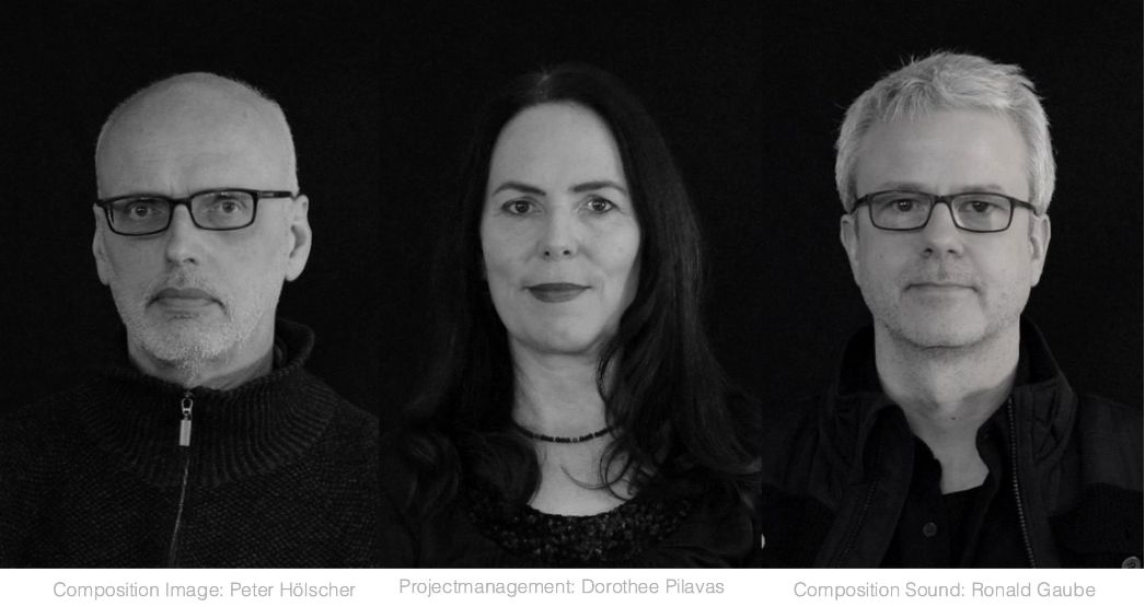 Porträt der Mitglieder des Künstlerkollektivs Area Composer: Peter Hölscher (Bildkomposition), Dorothee Pilavas (Projektmanagement) und Ronald Gaube (Tonkomposition) in schwarz-weißer Darstellung vor schwarzem Hintergrund.