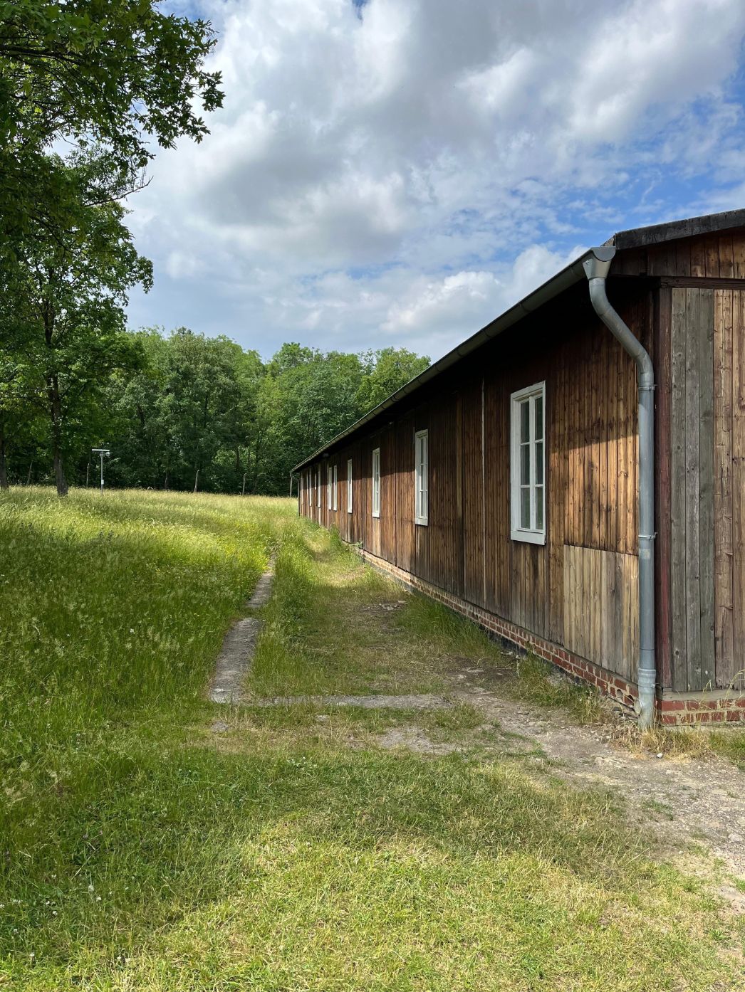 Seitenansicht einer rekonstruierten Holzbaracke auf dem Gelände der Gedenkstätte Buchenwald. Die Baracke ist aus dunkel gealtertem Holz mit weißen Fensterrahmen und einem Ziegelsockel gebaut. Ein schmaler Pfad verläuft entlang der Längsseite durch eine grasbewachsene Fläche. Am rechten Bildrand ist ein Fallrohr der Dachrinne sichtbar, im Hintergrund stehen dichte grüne Bäume unter einem teils bewölkten Himmel.