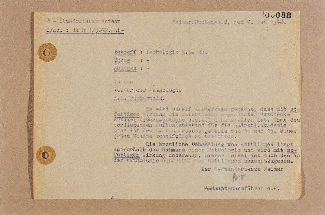 Fotografie eines NS-Schriftstücks vom 7. Mai 1942, ausgestellt vom SS-Standortarzt Weimar an den Leiter der Pathologie im Konzentrationslager Buchenwald. Das maschinengeschriebene Dokument weist an, die sogenannte „Gebrauchsartikel“-Verwertung (z. B. Schrumpfköpfe) sofort aufzunehmen und regelmäßig Bericht zu erstatten. Gleichzeitig wird die medizinische Behandlung von Häftlingen außerhalb pathologischer Maßnahmen strikt untersagt. Das Schreiben trägt die Unterschrift eines SS-Hauptsturmführers und symbolisiert die grausame Bürokratie des Terrorsystems der SS.