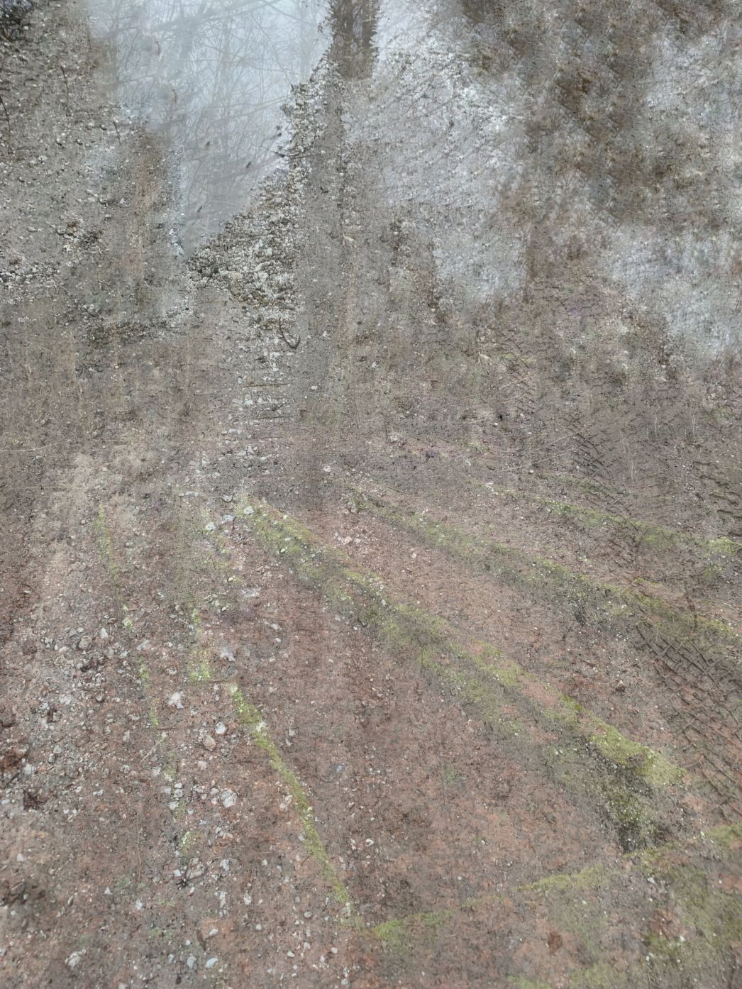 Doppelbelichtetes Bild mit Gräbern: In einem Wald überlagern sich regelmäßige, längliche Erdabsenkungen – vermutlich Gräber – mit einer grobkörnigen Bodenstruktur. Die verschleierten Konturen und Farbtöne erzeugen eine stille, nachdenkliche Atmosphäre.