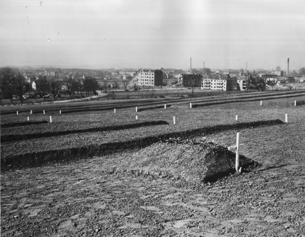 Eingangsbereich des Ehrenfriedhofs Nordhausen mit moderner Gedenkarchitektur – im Vordergrund eine große, blaue Stele mit der Aufschrift ‚Ehrenfriedhof Nordhausen‘, im Hintergrund ein heller Torbau mit Informationstafeln, umgeben von Rasenflächen und Bäumen.