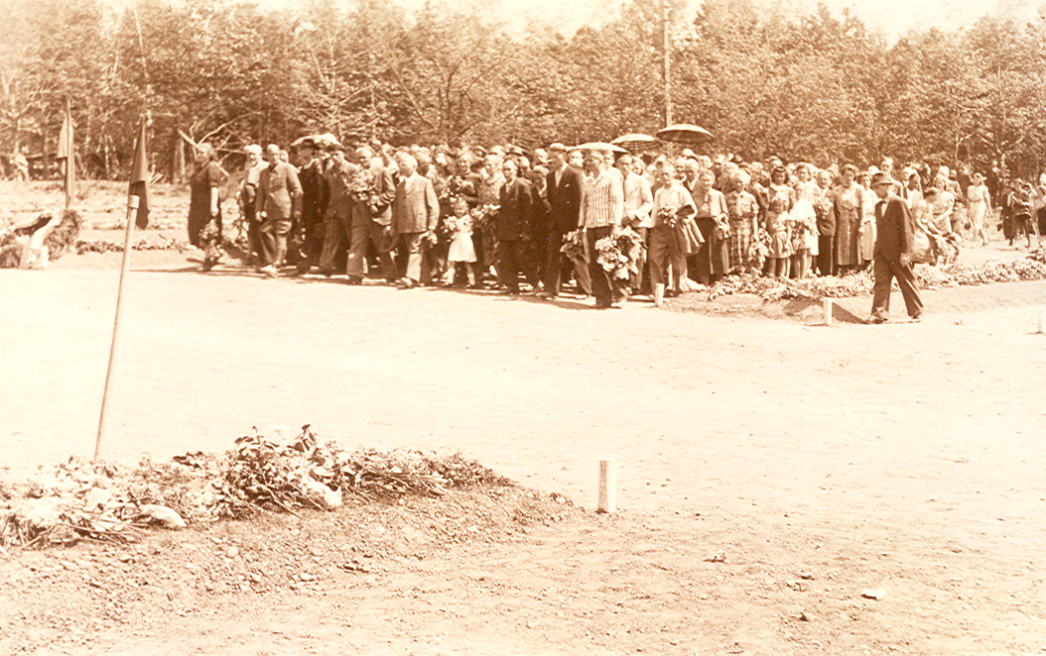 Eingangsbereich des Ehrenfriedhofs Nordhausen mit moderner Gedenkarchitektur – im Vordergrund eine große, blaue Stele mit der Aufschrift ‚Ehrenfriedhof Nordhausen‘, im Hintergrund ein heller Torbau mit Informationstafeln, umgeben von Rasenflächen und Bäumen.