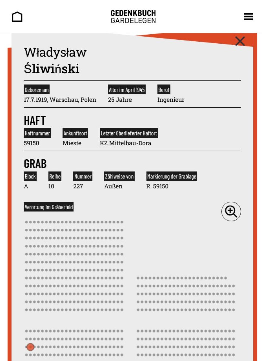 Ein Eintrag aus dem digitalen Gedenkbuch zeigt die persönlichen Daten von Władysław Śliwiński sowie Informationen zu Haft, Todesumständen und Grabstelle im Gräberfeld.