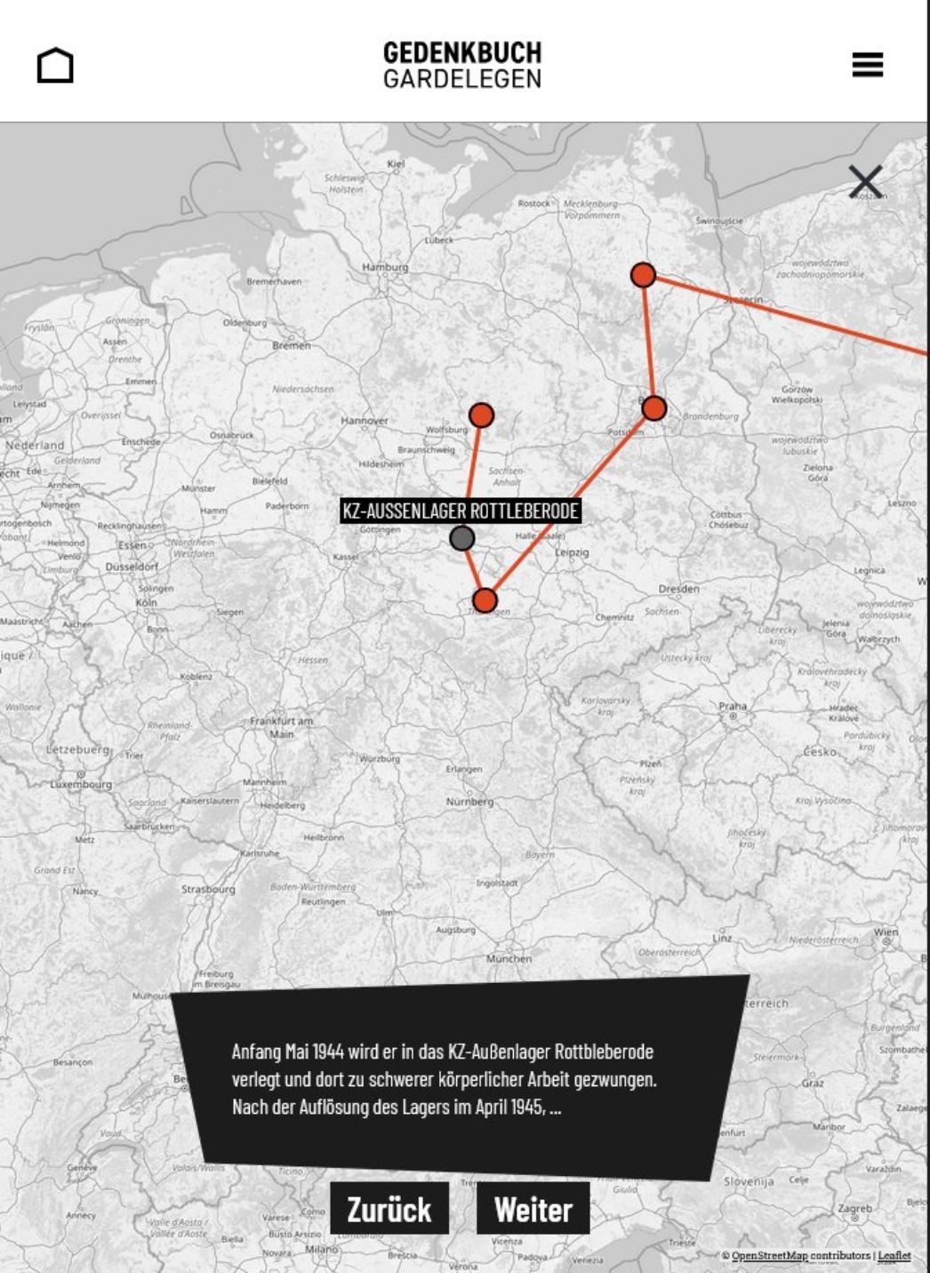 Eine Karte zeigt den Weg eines Häftlings zwischen verschiedenen Lagerorten, mit markierten Stationen und Verbindungen; hervorgehoben ist das KZ-Außenlager Rottleberode.