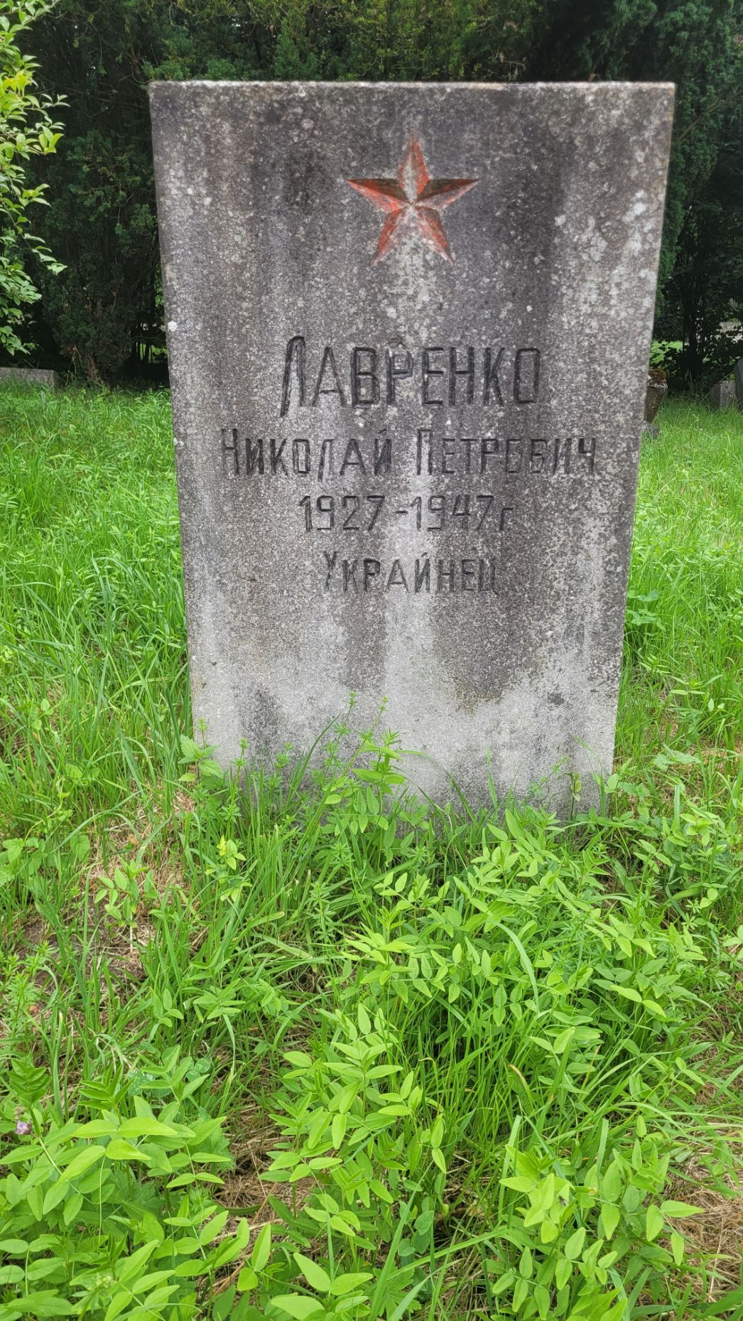 Aufrechter Grabstein aus grauem Stein in einer Wiese mit hohem Gras. Oben ist ein eingravierter roter Stern zu sehen. Darunter steht eine Inschrift in kyrillischer Schrift mit Name sowie Lebensdaten (1927–1947) und dem Hinweis auf die Herkunft als Ukrainer. Im Hintergrund sind dichte Bäume und Sträucher zu erkennen.