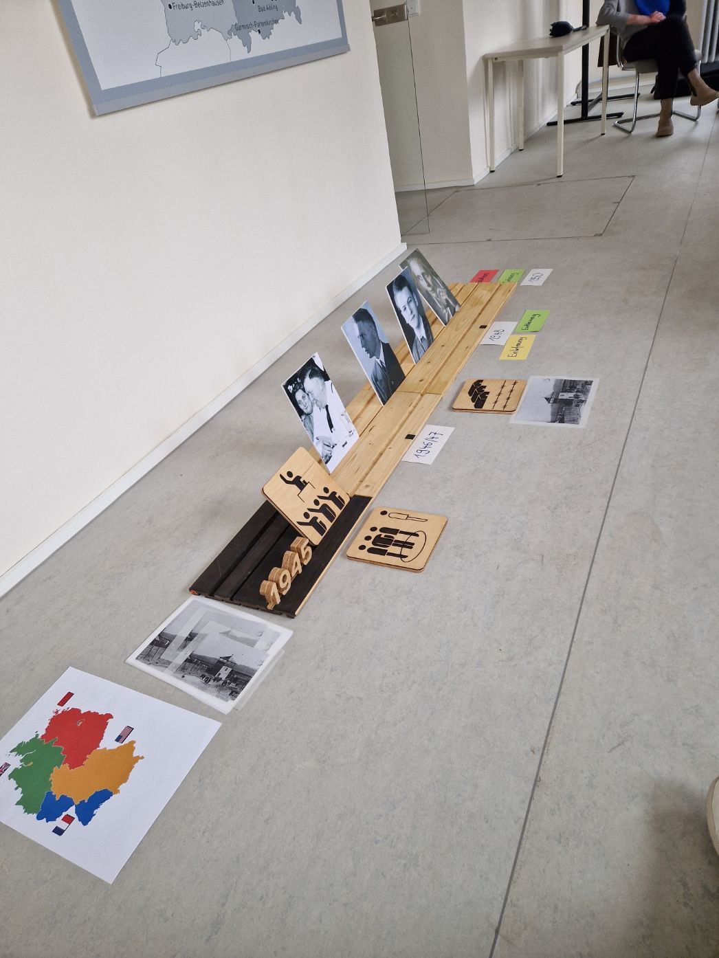 Bodeninstallation in einem Ausstellungsraum: Auf einer langen Holzleiste stehen mehrere historische Schwarzweißporträts. Daneben liegen verschiedene Bildkarten, Symbole und farbige Zettel mit Begriffen und Jahreszahlen, darunter „1945“. Die Elemente sind entlang einer Linie angeordnet und wirken wie eine Zeitleiste oder ein Vermittlungsformat. Im Hintergrund ist ein heller Raum mit Tisch und Stuhl zu sehen.