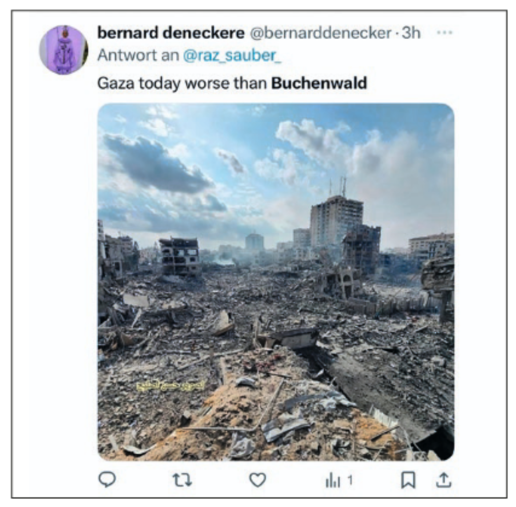 Ein Screenshot eines Social-Media-Beitrags: Zu sehen ist ein zerstörtes Stadtgebiet mit Trümmern und beschädigten Gebäuden. Darüber steht der Text „Gaza today worse than Buchenwald“.
