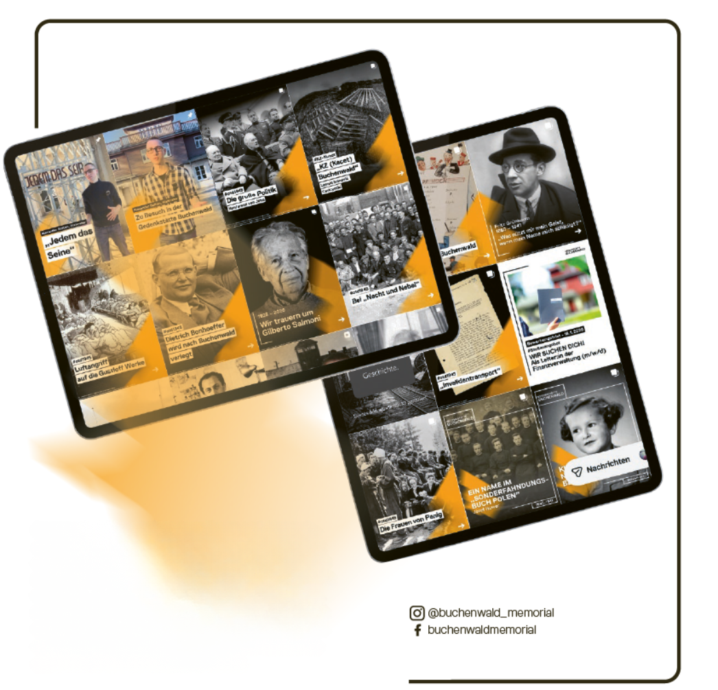 Grafische Darstellung von zwei Tablets mit einer Übersicht von Social-Media-Beiträgen der Gedenkstätte Buchenwald. Zu sehen sind mehrere Kacheln mit historischen Bildern, Porträts und kurzen Texten in einem einheitlichen Design. Unten stehen die Social-Media-Handles „@buchenwald_memorial“ und „buchenwaldmemorial“.