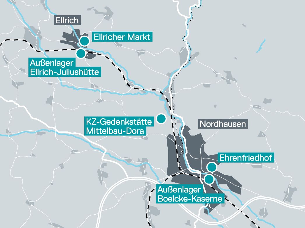 Eine Übersichtskarte der Region um Nordhausen und Ellrich. Markiert sind zentrale Orte des KZ Mittelbau-Dora und seiner Außenlager, darunter Ellrich-Juliushütte, die Boelcke-Kaserne und der Ehrenfriedhof.
