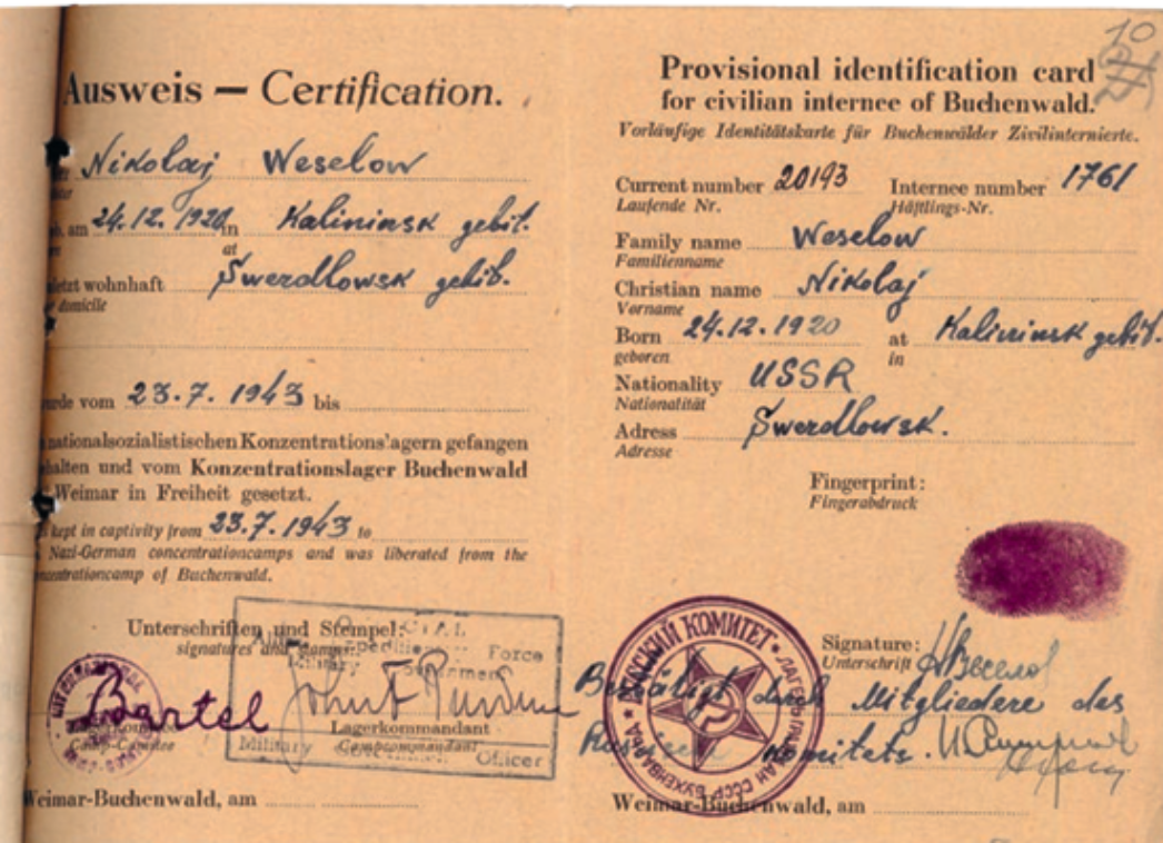 Geöffnete Identifikationskarte eines ehemaligen zivilen Internierten aus dem KZ Buchenwald, ausgestellt nach der Befreiung. Das Dokument enthält handschriftlich und maschinenschriftlich eingetragene persönliche Daten (Name: Nikolaj Weselow, Geburtsdatum 4.12.1920, Herkunftsort in der UdSSR), Lagernummern, Unterschriften sowie einen roten Fingerabdruck und Stempel.