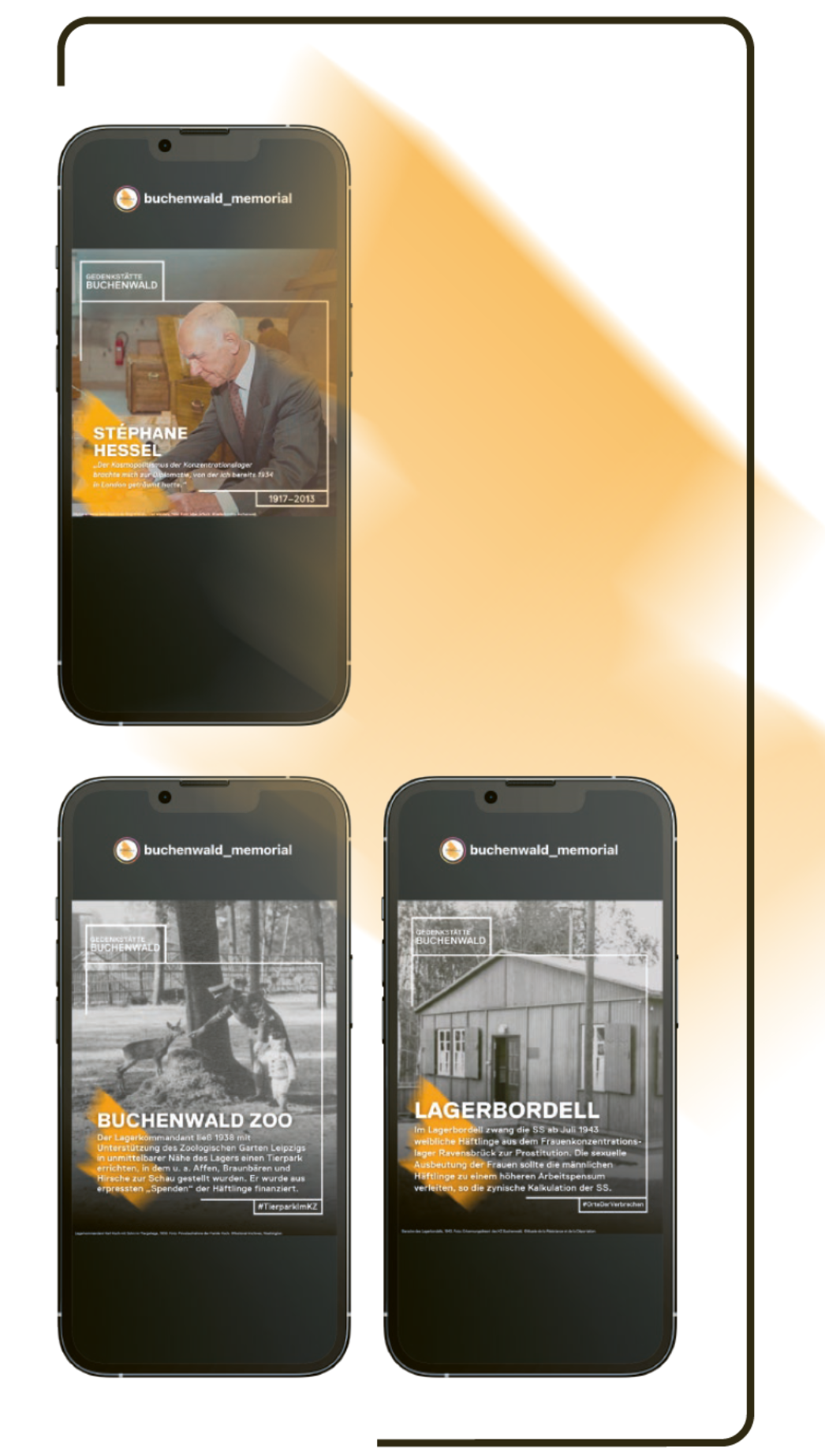 Alt-Text: Grafische Darstellung von drei Smartphones mit Instagram-Beiträgen der Gedenkstätte Buchenwald. Zu sehen sind Sharepics mit Bildern und Texten, darunter Themen wie „Stéphane Hessel“, „Buchenwald Zoo“ und „Lagerbordell“. Die Beiträge kombinieren historische Fotos mit erklärenden Texten im einheitlichen Design.