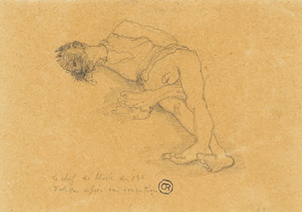 Zeichnung auf vergilbtem Papier: Eine stark abgemagerte, entkräftete Person ist in gebückter Haltung dargestellt, mit hängendem Kopf und angewinkelten Armen, als würde sie sich mühsam fortbewegen. Die Figur wirkt erschöpft und körperlich gezeichnet; unter der Zeichnung befindet sich eine handschriftliche Notiz.