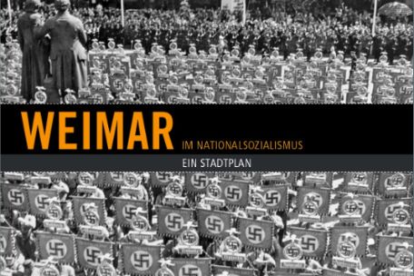 Title page of the brochure. The title is written on a black band above a photo. The photo shows crowds of people standing in rows. All of them are carrying swastika flags. 