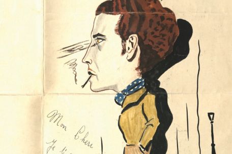 Bildausschnitt mit einer historischen Karikatur eines rauchenden Mannes im Profil und französischer Liebesbotschaft im Hintergrund.