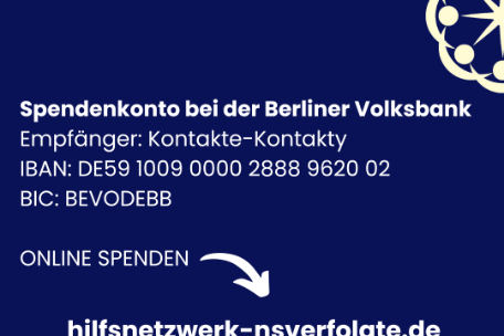 The illustration shows the account data of the donation account of the Hilfsnetzwerk NS-Verfolgte in der Ukraine. The Iban is: DE59100900002888962002.