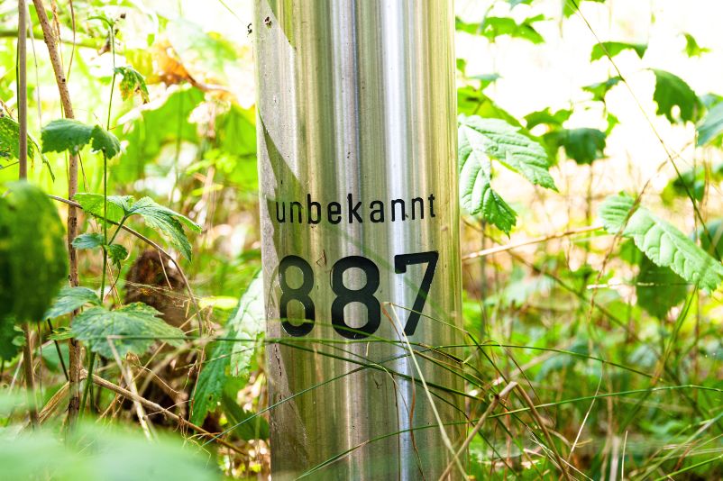 A steel stele with the inscription "Unknown" as well as the number 887, surrounded by plants.