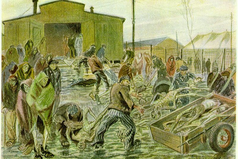 Drawing made in green and brown tones. In front of a barrack, prisoners dressed in rags pull an indeterminable number of emaciated, dead bodies from a pile onto a wheelbarrow. Other prisoners stand next to them and watch. A fence in the background separates the site from other barracks.