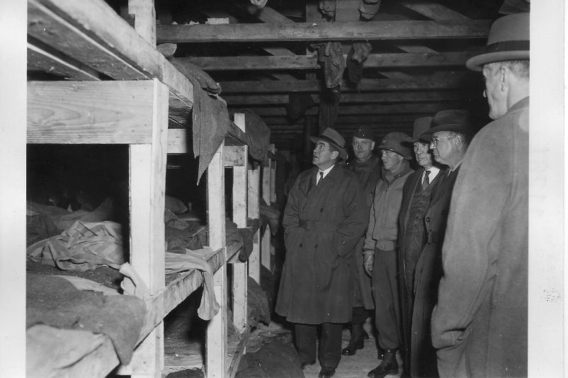 American congressmen visiting the liberated Buchenwald concentration camp in one of the prisoners' quarters.