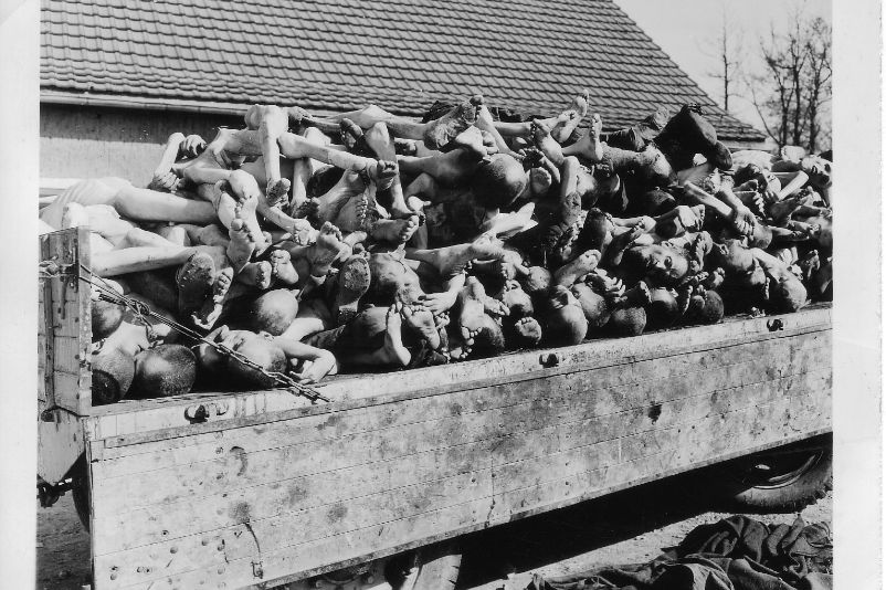 Close-up of a truck trailer loaded with bodies of deceased prisoners in the courtyard of the crematorium.