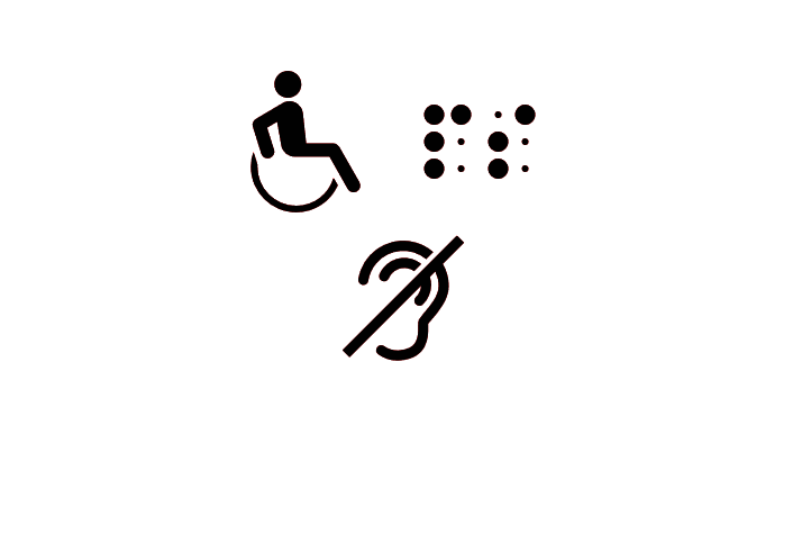 Piktogarmm eines Rollstuhls, eines durchgestrichenem Ohr, und von Braileschrift, in schwarz.
