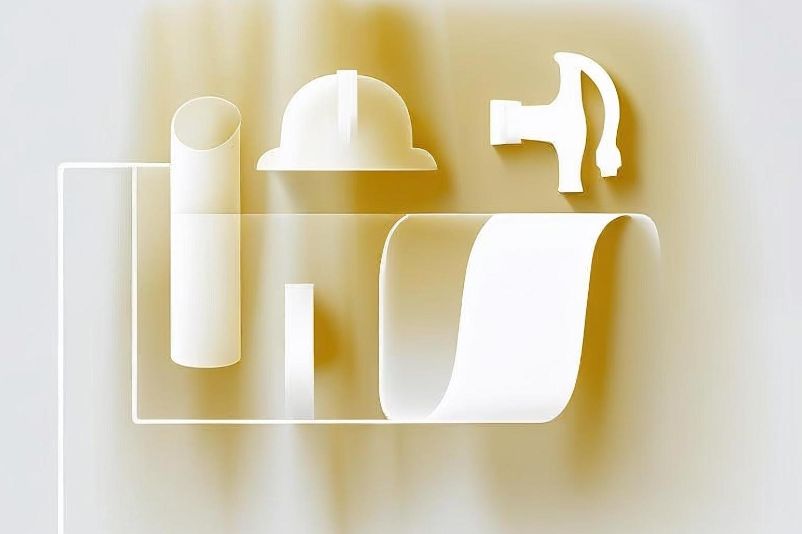 Stilisierte, monochrome Illustration auf beigefarbenem Hintergrund mit abstrahierten Bauelementen: ein senkrechtes Rohr, ein Bauhelm, ein Hammer, eine aufgerollte Bauzeichnung und ein rechteckiger Rahmen. Alle Objekte sind in Weiß mit weichen Schatten dargestellt und vermitteln das Thema Bau, Handwerk oder Architektur.