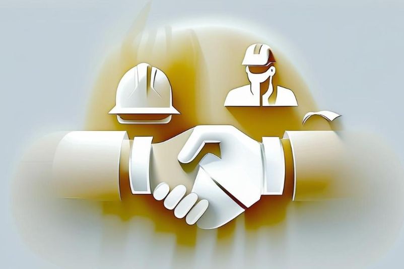 Illustration mit einem stilisierten Händedruck zwischen zwei Personen oder Gruppen. Links ist über dem Arm ein Bauhelm dargestellt, rechts eine Person mit Schutzhelm und Schutzbrille. Die weiß-goldene Grafik steht vor einem unscharfen hellgrauen und gelblichen Hintergrund und vermittelt Kooperation, Vereinbarung oder Zusammenarbeit.